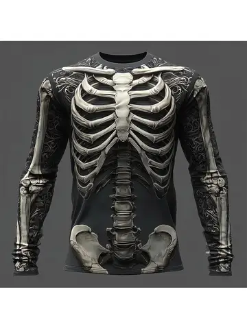 2025 Halloween Skeleton Print Long Sleeve T-Shirt for Men Gothic Trendy Streetwear Casual Tops Halloween Party Tees Fall Winter