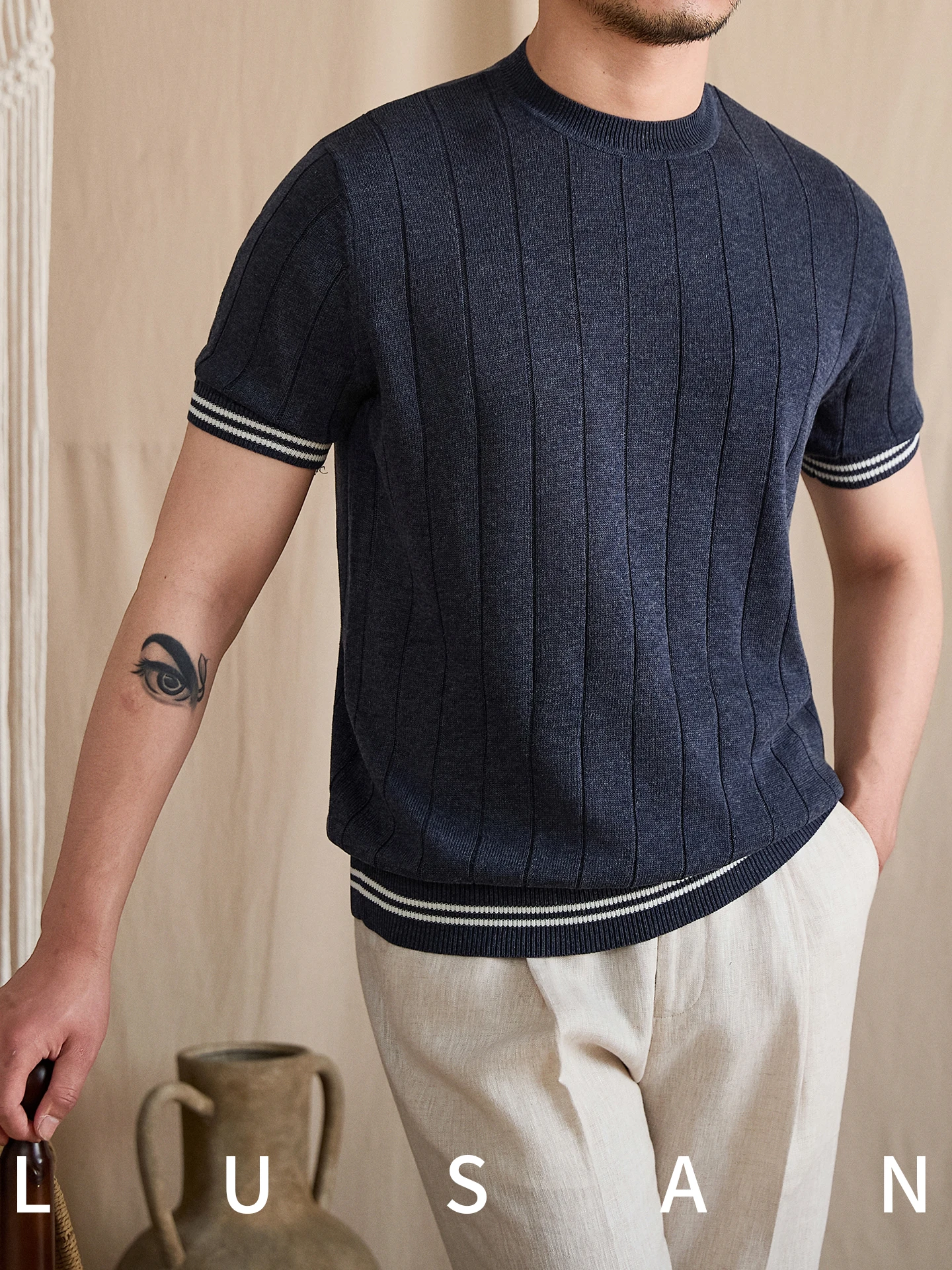 High-Grade Linen Summer round Neck Short Sleeves Woven T-shirt Skin-Friendly Breathable Young T-shirt for Men