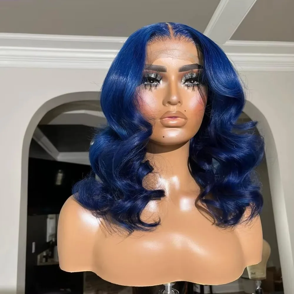 Bob Dark Blue 13x4 Hd Synthetic Lace Front Wigs Short Color Body Wave Glueless Wear To Go Prepluck Hairline For Women Party Wigs