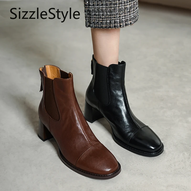 المرأة العصرية جلد طبيعي بسيط خياطة التباين خياطة سترتش كعب مكتنز أحذية الكاحل