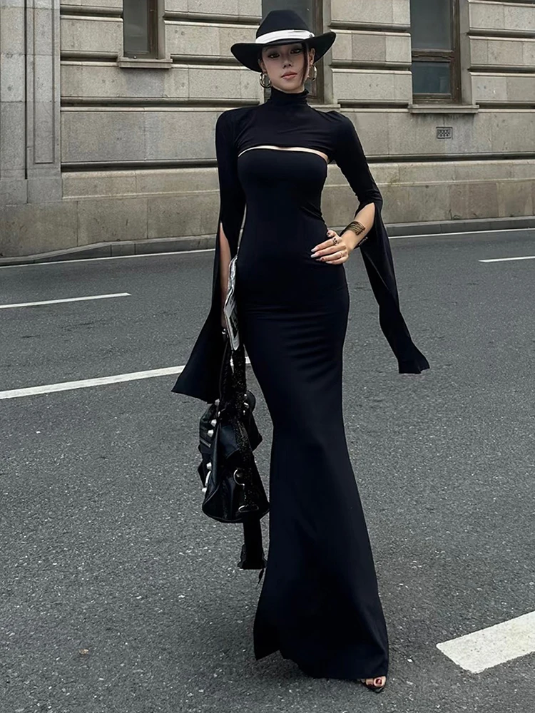 Estranho gato clássico conjunto de 2 peças feminino sem alças split maxi vestido + super curto meia manga gola alta topo combinando roupas elegantes