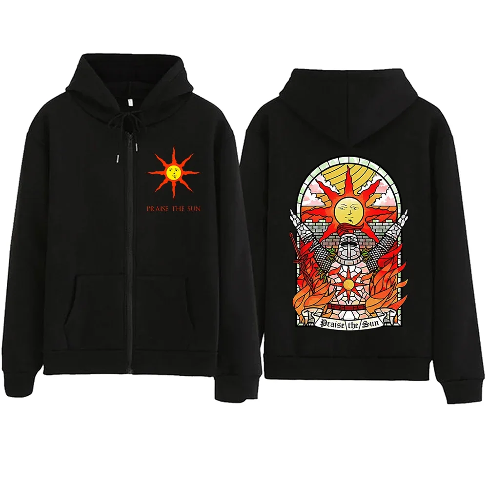 Dark Souls eloge el sol estampado cremallera y sudadera con capucha de lana Harajuku moda jersey sudadera streetwear