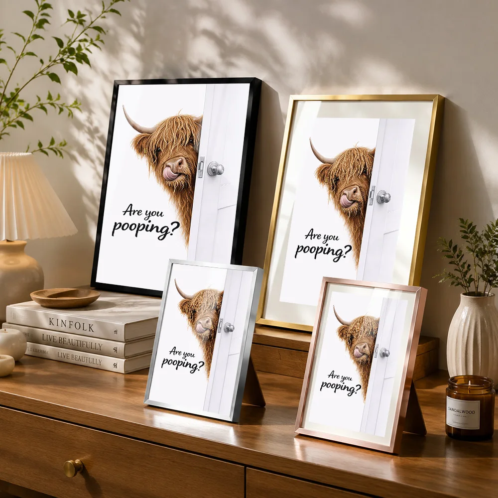 Are You Pooping Highland Cow Framed Metal Poster Personalized Photo Retro Comedy Style Wall Art For Bathroom Funny Friend Gift - view 3