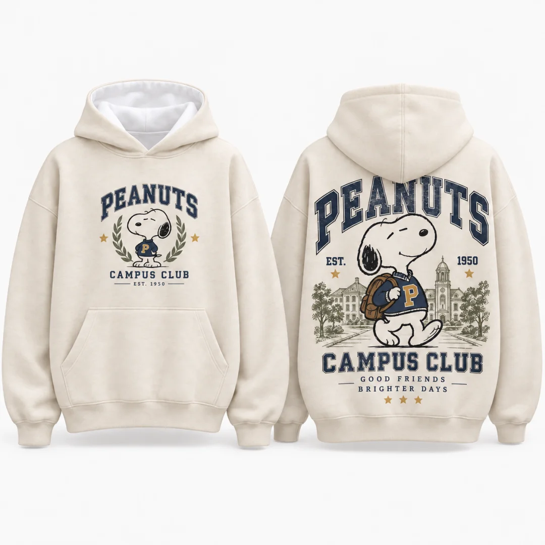 Peanuts Snoopy Campus Club Kids Hoodie Vintage University Cartoon Mens Pullover Hooded Sweatshirt Boys Casual Street Tops