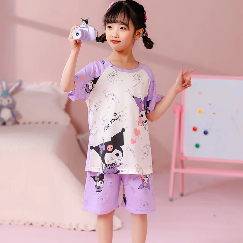 Sanrio Kinderpyjama 'S, Pyjama 'S, Huiskleding, Katoenen Losse Dunne Pyjama Met Ronde Mouwen En Ronde Hals Set Cartoon Hello Kitty Cadeau