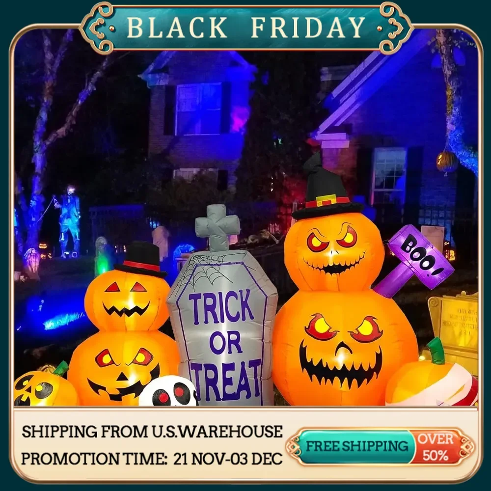 8 FT Long Halloween Inflatables Outdoor Decorations, Inflatable Pumpkin Combo with Tombstone Skulls Blow Up Yard Decoration