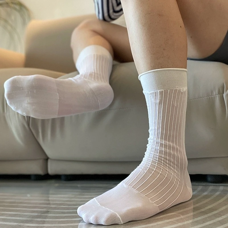 White Socks for Men Nylon Striped Business Stockings Simple Breathable Soft Elastic Classic Formal Dress Tube Socks Men's