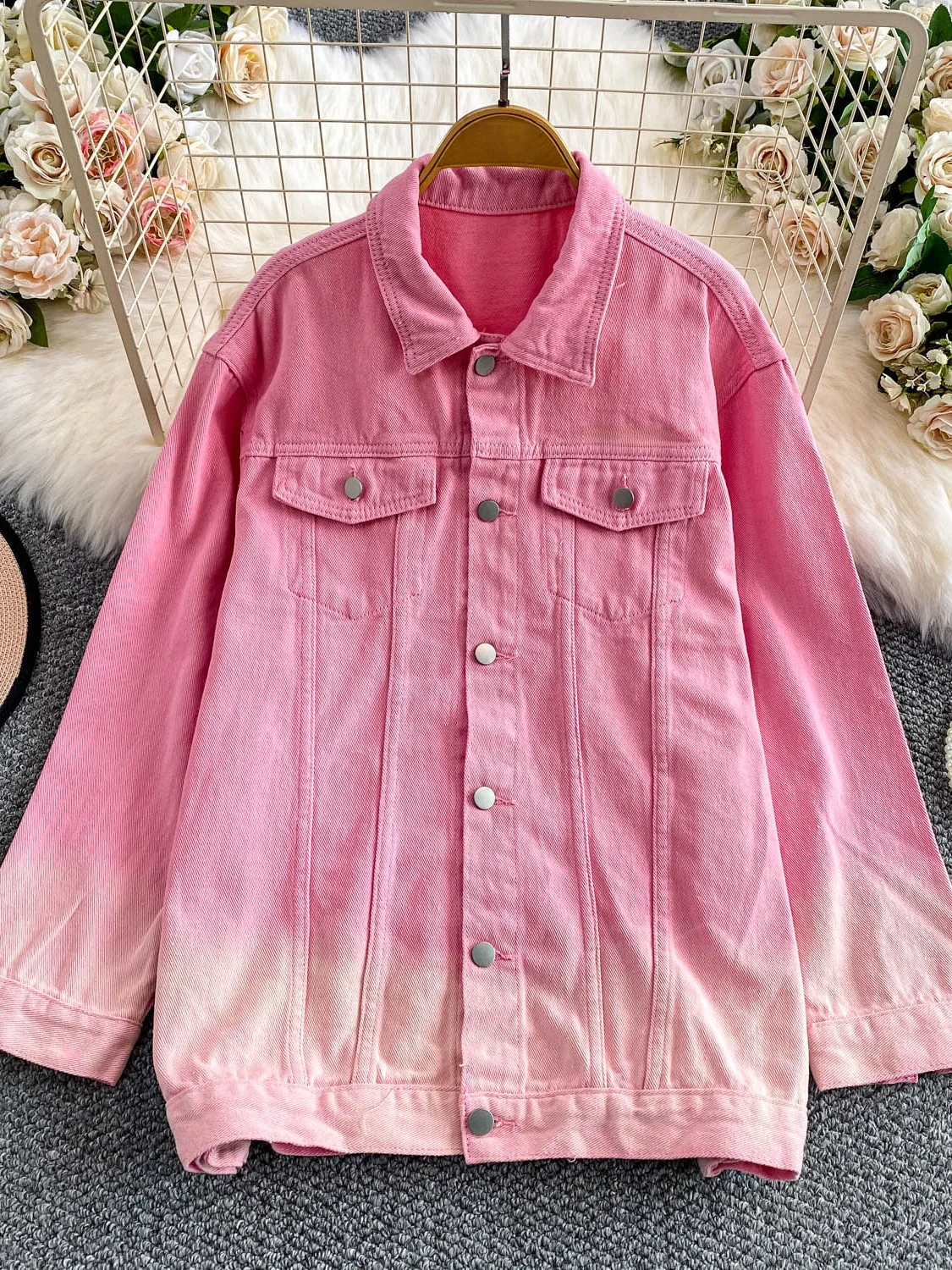 

adual Pink adient Women's Denim Jaet Stand Collar Slimming Top Street Sle Trendy Brand Autumn Winter Faion Outerwear