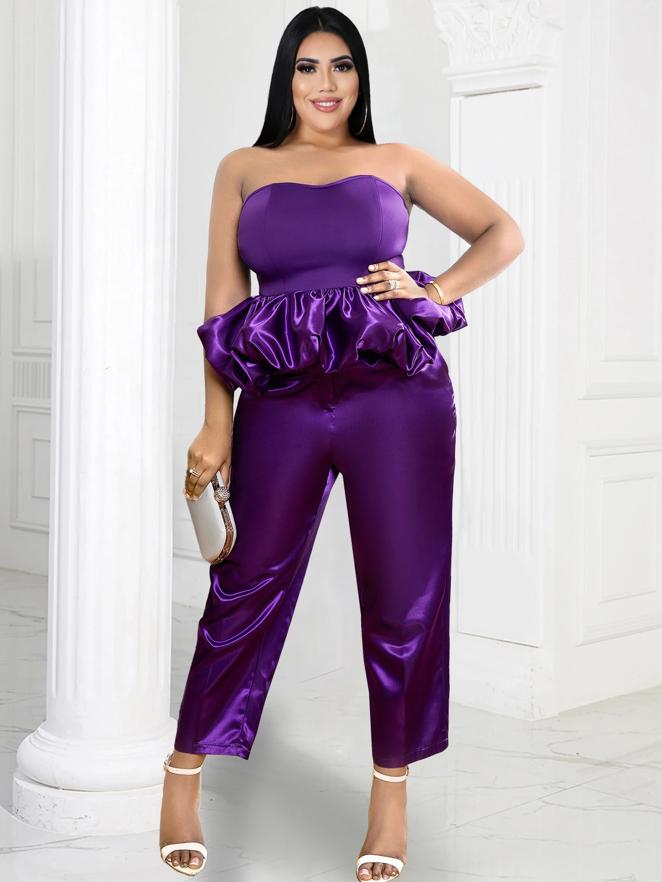 

Purple Pants Sets for Women Straplees Tops and High Elastic Waist Trousers Large Size Birthday Cocktail Event Two Piece Outfits