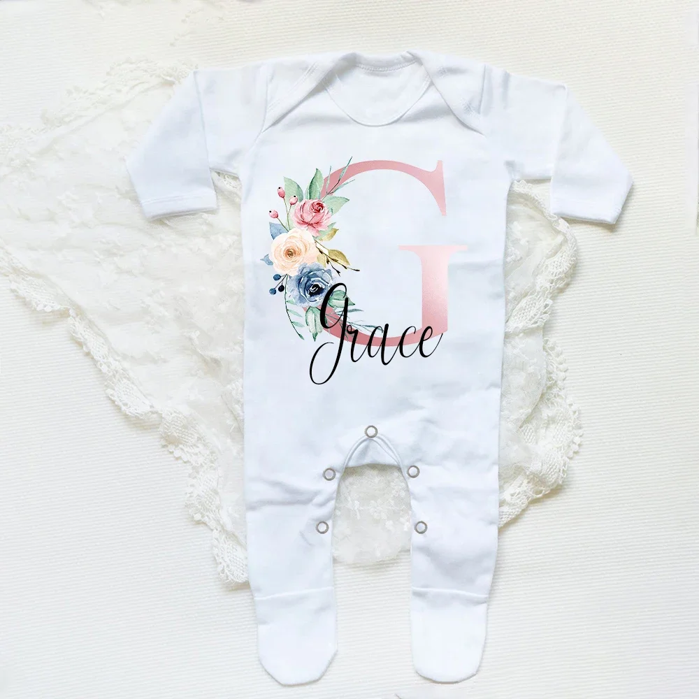 Babygrow-Sleepsuit Infantil, Romper Infantil, Bebê Coming Home Outfit, Presente Do Chuveiro Recém-nascido, Personalizado, Inicial Da Flor