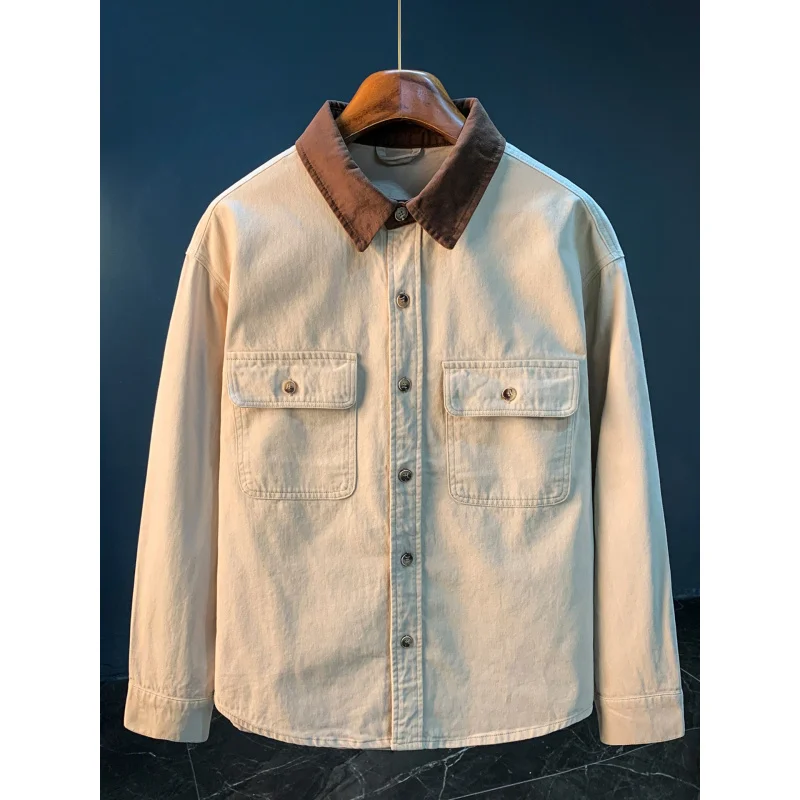 خريف جديد قميص سترة الرجال ملابس العمل الرجعية فضفاضة قميص زائد حجم اللون منعت طوق الملابس #2