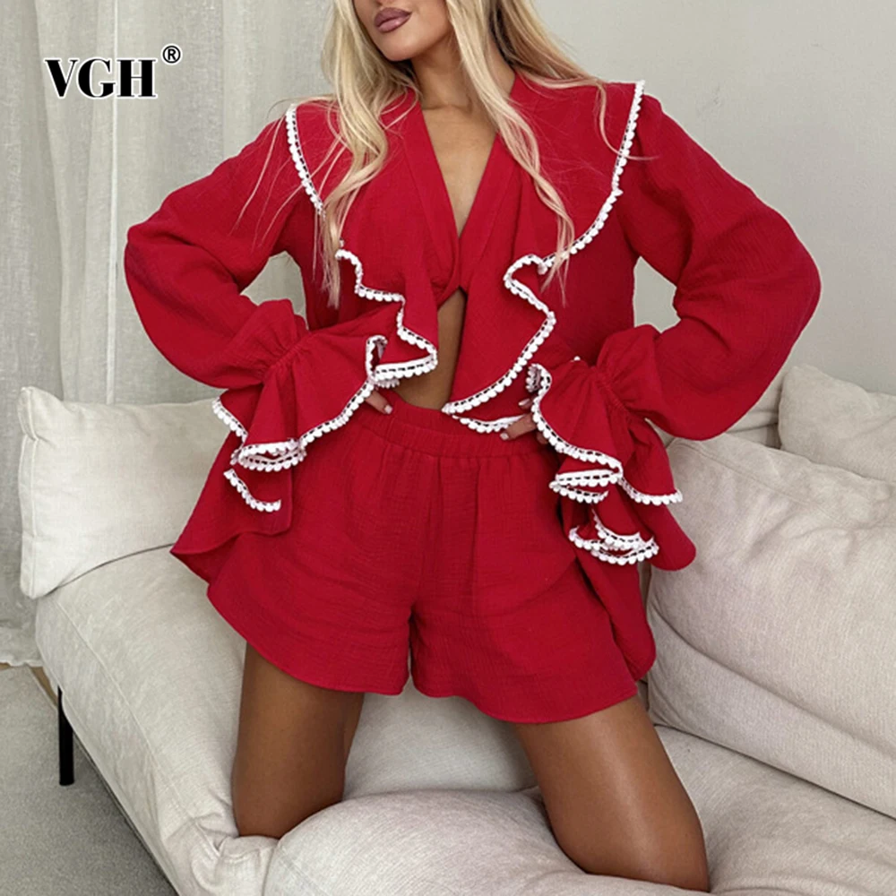 

VGH Cute Hit Color Утягивающие комплекты из двух предметов для женщин с v-образным вырезом и длинным рукавом, топ с высокой талией, шорты для летней вечеринки, повседневный комплект, женский новый