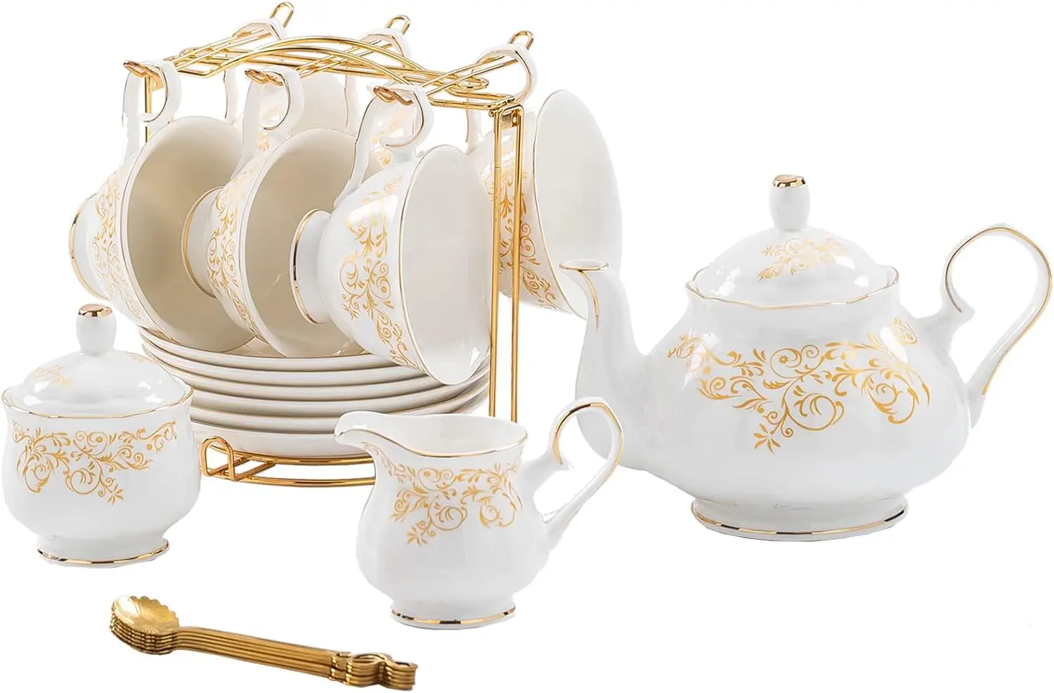 

22-Pieces Porcelain Tea Set Cups& Saucer Service for 6, with Spoons,Teapot,Sugar Bowl,Creamer Pitcher and Golden Metal Rack