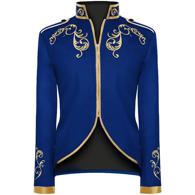 Vintage Men\'s Victorian Medieval Steampunk Cosplay Costume Jacket Coat Embroidery Zip Up Stand Collar Prince King Blazera Coats