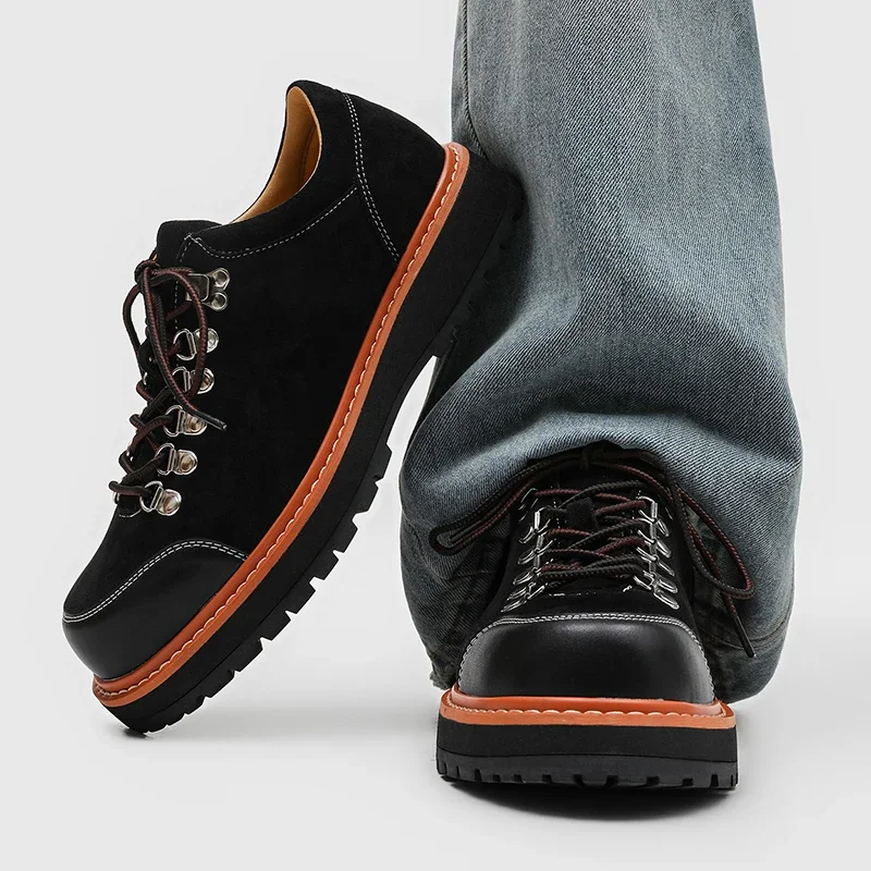 Men Punk High Platform Ankle Boots Black Glossy Upper Round Toe Lace Up Chunky Lug Sole Gothic Streetwear Boots