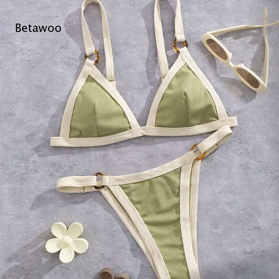 Women's Contrast Trim Triangle Bikini Set Two Piece Swimsuit with Adjustable Straps and Tie Side Bottoms Beach Swimwear for Summ