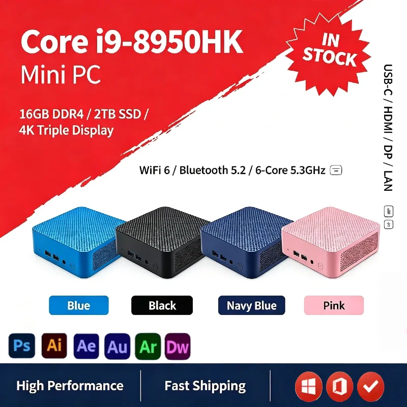 Intel Core i9 8950HK High Speed Mini PC 16GB RAM 2TB NVMe SSD Triple 4K Screen WiFi6 Silent Cooling Office Home Pro Max