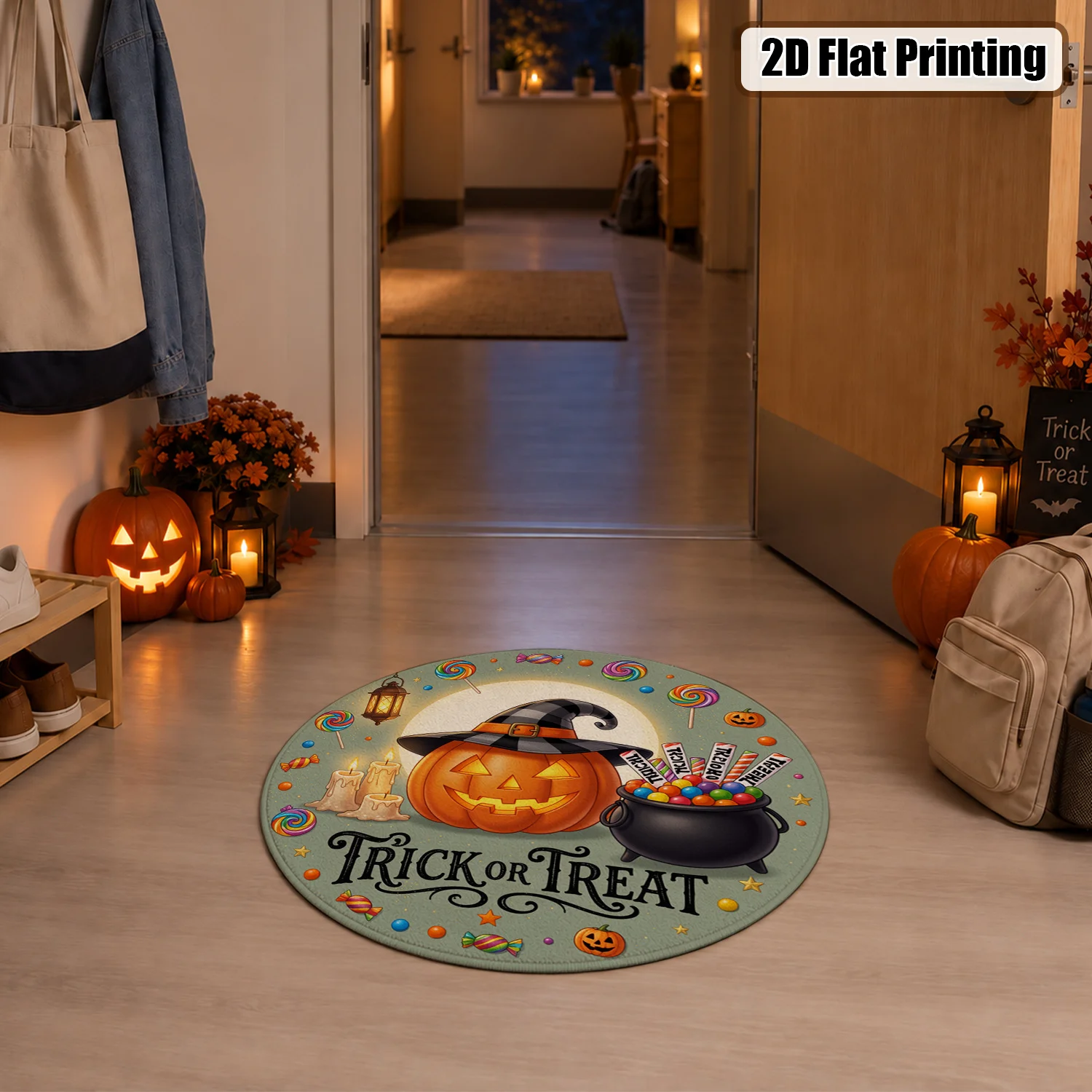 Halloween Trick or Treat Jack-o'-lantern Candy Witch Hat Pattern Round Velvet Floor Rug, Machine Washable Soft Velvet Mat for Entryway Living Room Bedroom Porch, Ideal for Halloween Thanksgiving Christmas New Year Black Friday Cyber Monday Decor
