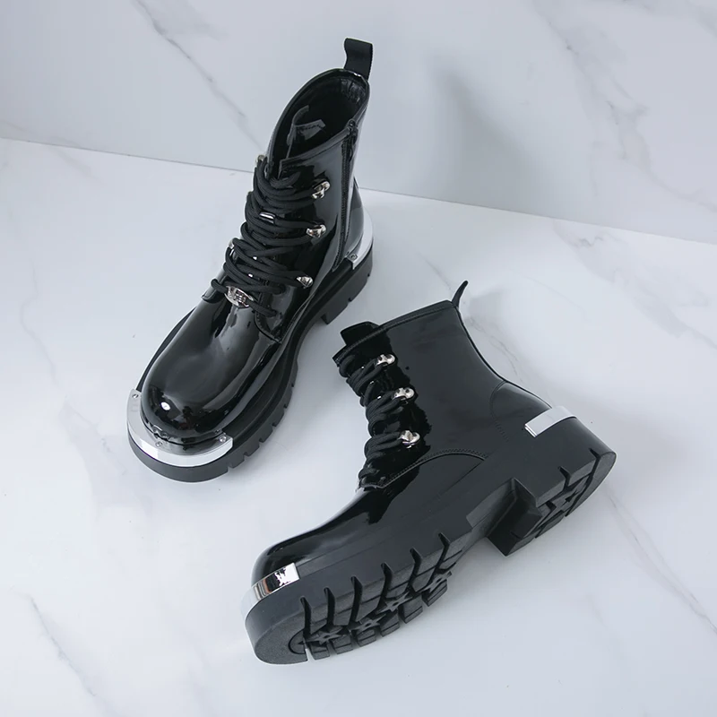 

Men's thick soled autumn and winter boots Fashion designer style Outdoor street high top leather Young shoes 38-46 Black New