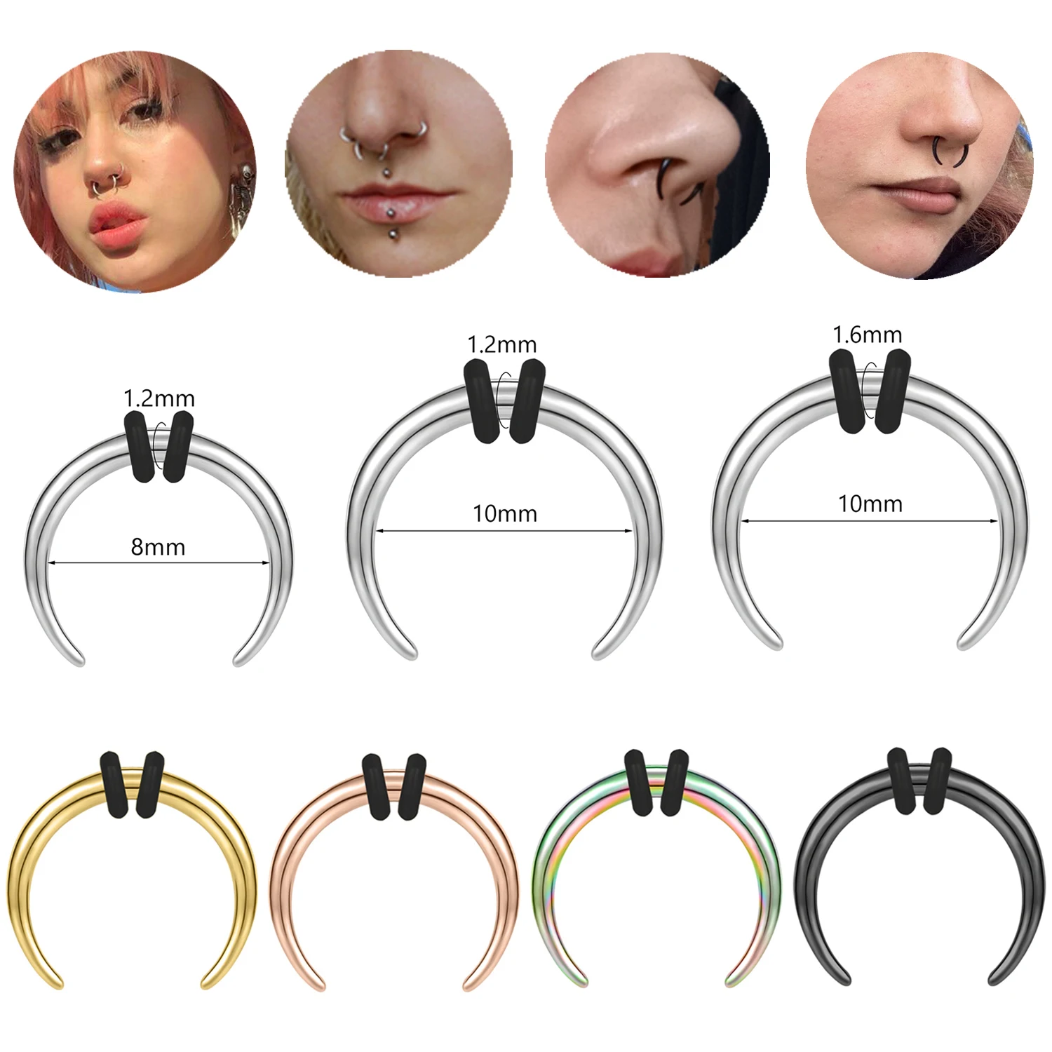 1 Piece Punk Ox Horn Shape Stainelss Steel Septum Piercing 14G&16G Taper Stretcher Nose Ring Black Noses Expander 8MM/10MM