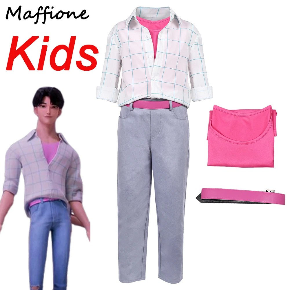

Kids Jinu Cosplay Costume Demon Hunter Of Kpop Saja Boys Roleplay White Plaid Shirts Pink Tops Pant Belt Children Halloween Suit