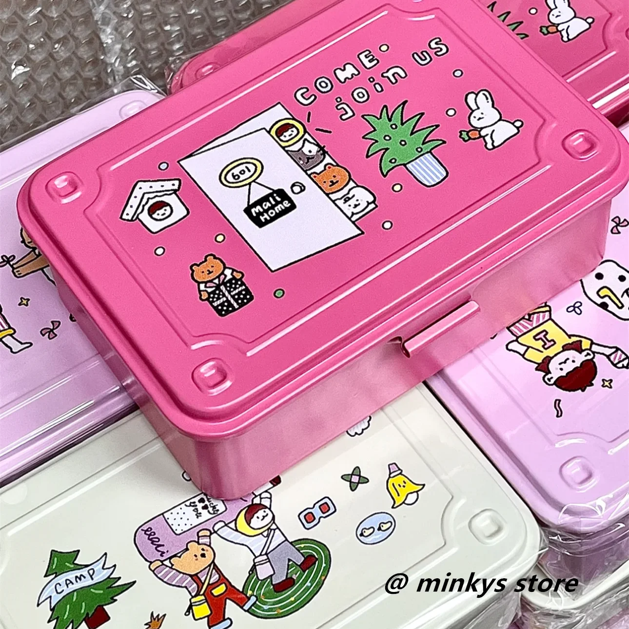 MINKYS Kawaii Multifunctional Metal Desktop Storage Box With 2PCS DIY Stickers Cards Photos Clips Organizer Collection Box