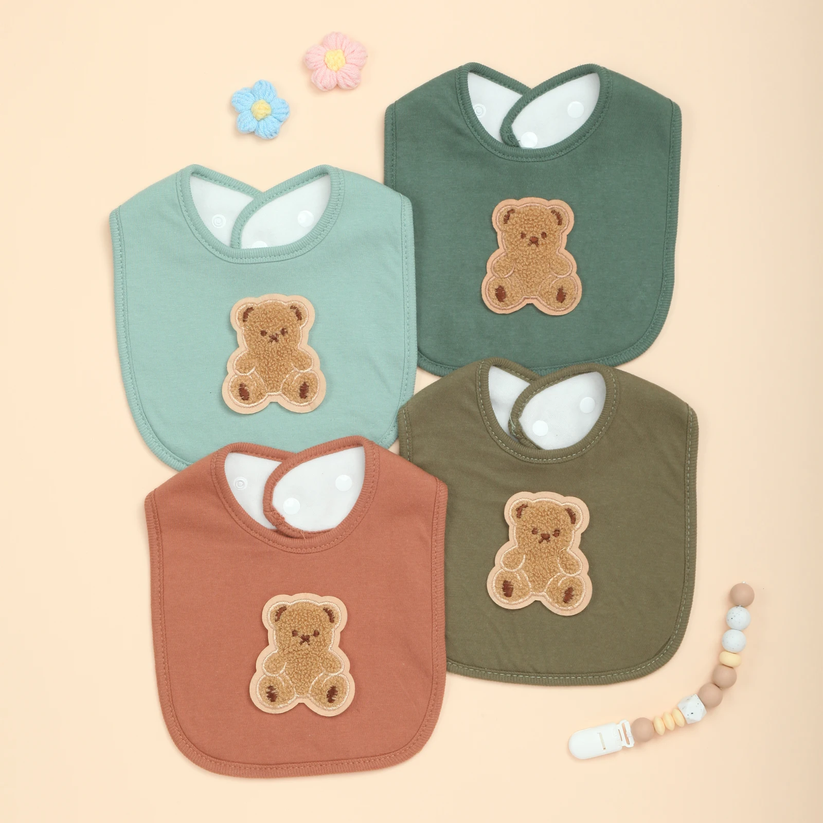 

Комплект из 4 мягких впитывающих детских нагрудников для мальчиков и девочек, нагрудники с милым узором для слюнотечения, прорезывания зубов, кормления, дышащие
