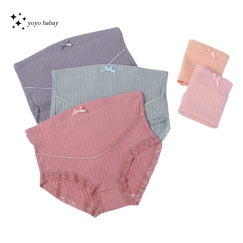 Bragas de maternidad de algodón de encaje para mujeres embarazadas, ropa interior de vientre de cintura alta, talla grande