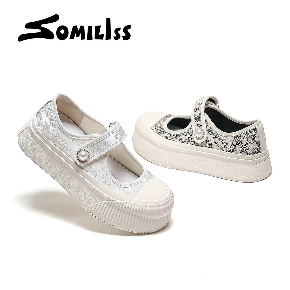 

SOMILISS Mary Jane Women Flat Shoes Chinese Style Fabric Pearls Single Casual Shoes Spring Summer