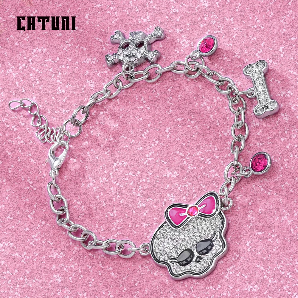 Catuni Pink Crystal Skull Bow Bracelet Punk Style Popular Jewelry Accessories Gift for Woman Girl