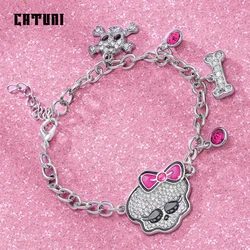 Catuni Pink Crystal Skull Bow Bracelet Punk Style Popular Jewelry Accessories Gift for Woman Girl