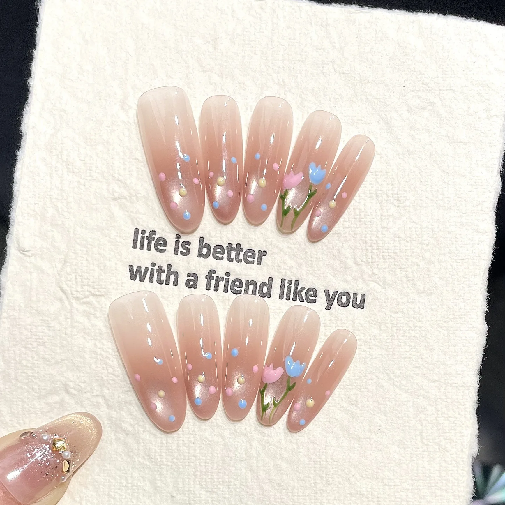 

10PCS Nude Pink Graduent Fake Nails Hand-painted Tulip Polka dots Press on Nails for Women Manicure Salon DIY Party Wedding