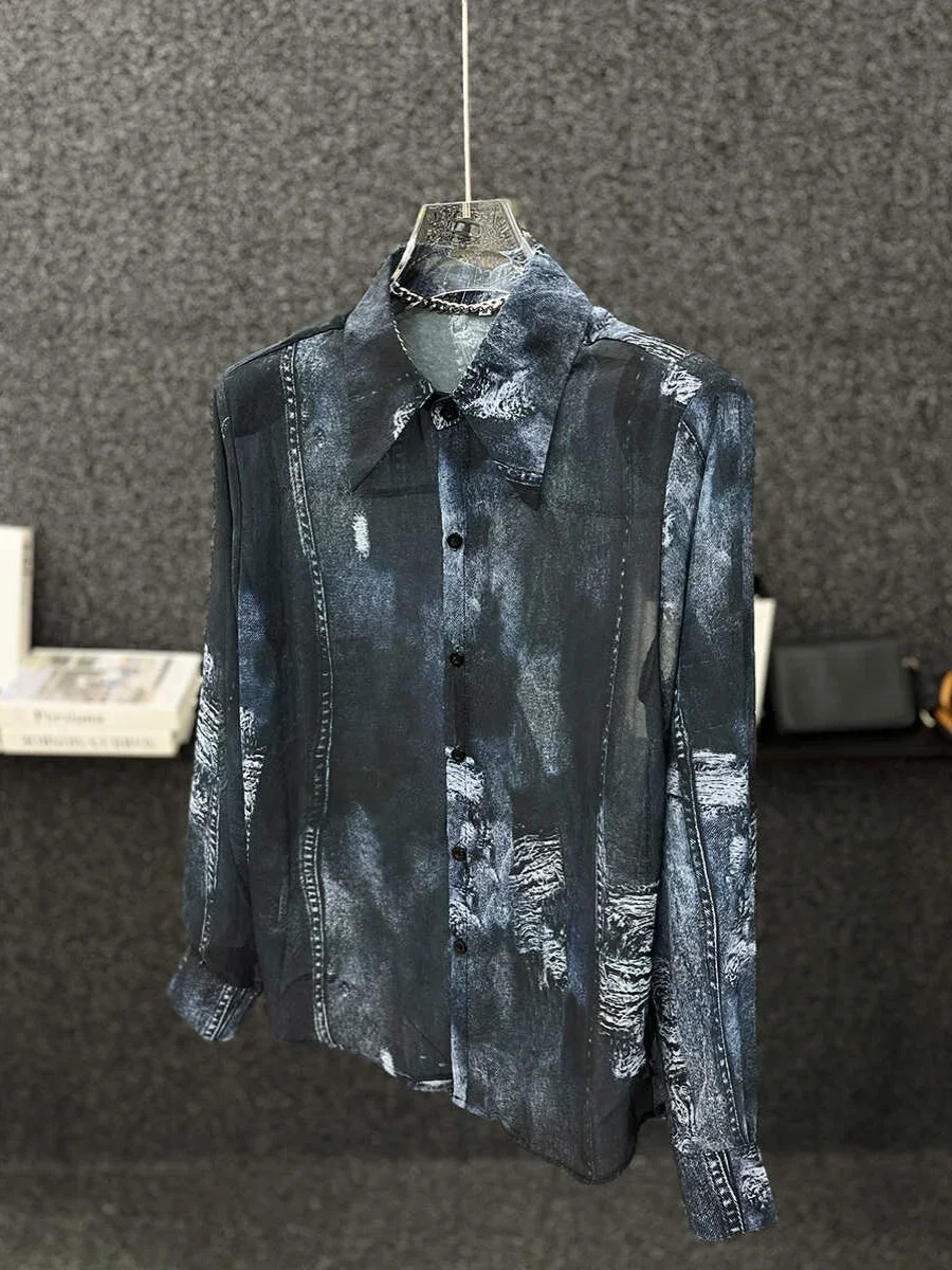 Handsome Micro Transparent Padded Shoulder Shirts Men's 2024 Summer Thin Trendy High-end Casual Loose Sunscreen Hollow Out Shirt