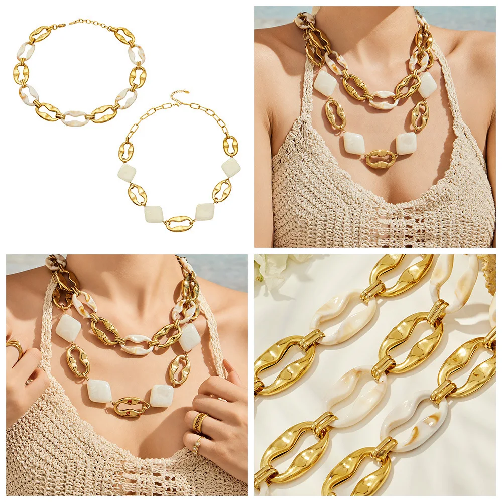 Chunky Link Choker Halskette 18k Vergoldete Edelstahl-Halskette mit Harz-Verzierungen und Ovaler Hohler Kette, Statement-Kragen-Halskette – Detail 1