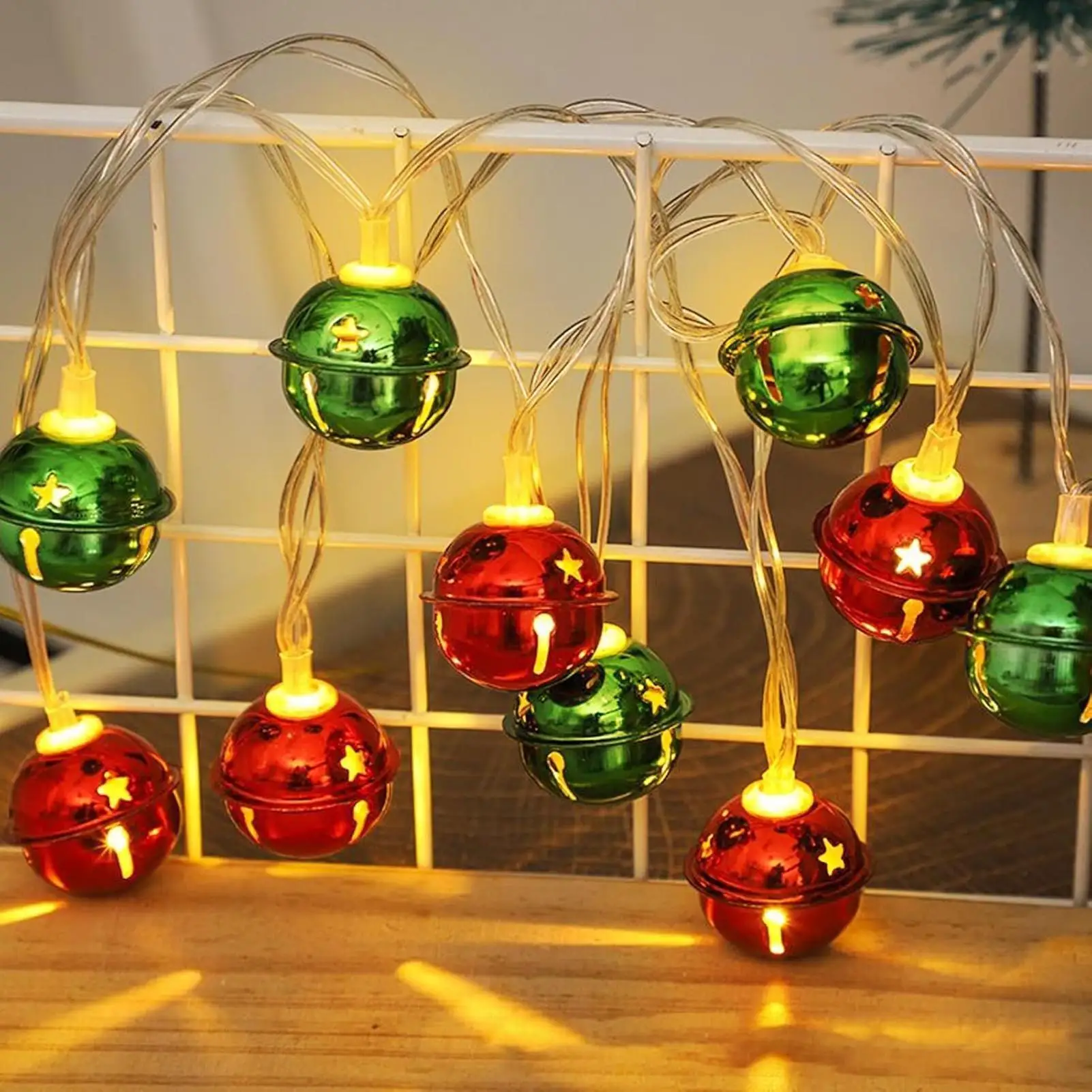Christmas Red Green Bells String Lights Hanging Garland Decorative Lamp Battery Powered For Home Bedroom Fireplace Decor