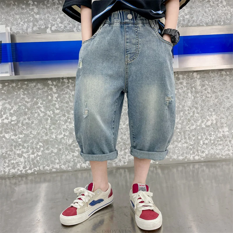 Summer Tween Boy Luxury Clothes Denim Ripped Shorts For Kids Child Casual Capris Jeans with Pocket Elegant Teens Vacation Shorts