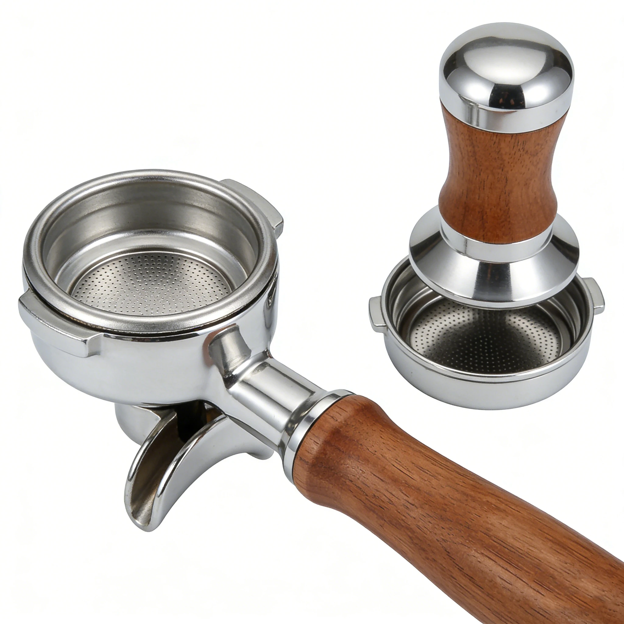 Polished Stainless Steel Bottomless Portafilter E61 Fit 51/54/58mm Double Spout 2 Cup Basket Eco Friendly Coffee Accessory