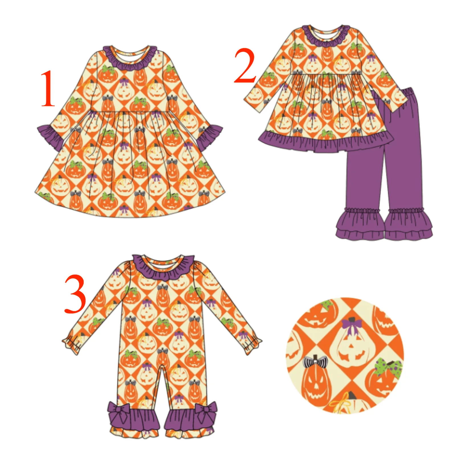

Halloween New Pumpkin Print Girls Autumn Long Sleeve Purple Ruffle Pants Boutique Suit Dress and Romper