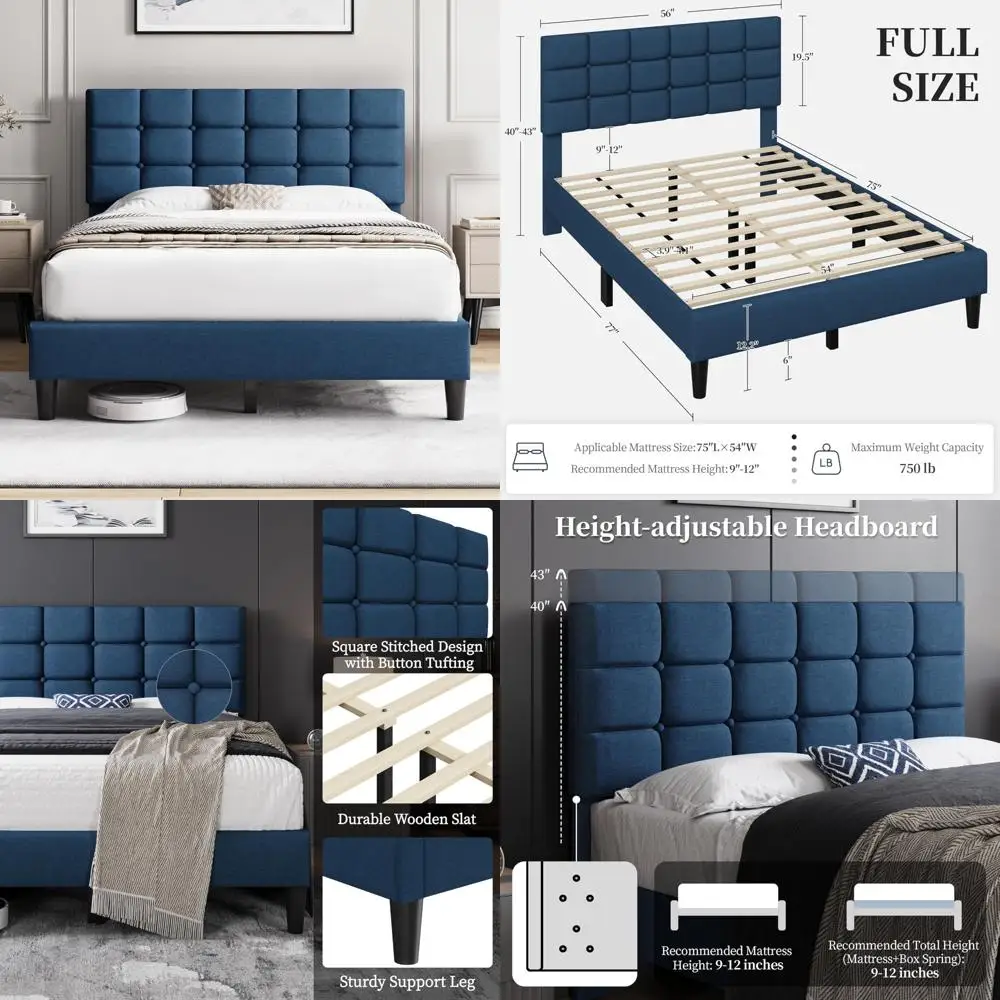 إطار سرير منجد حديث بالحجم الكامل مع لوح رأسي مربع وخياطة وأزرار، سرير بمنصة قابلة للتعديل في الخشب #1