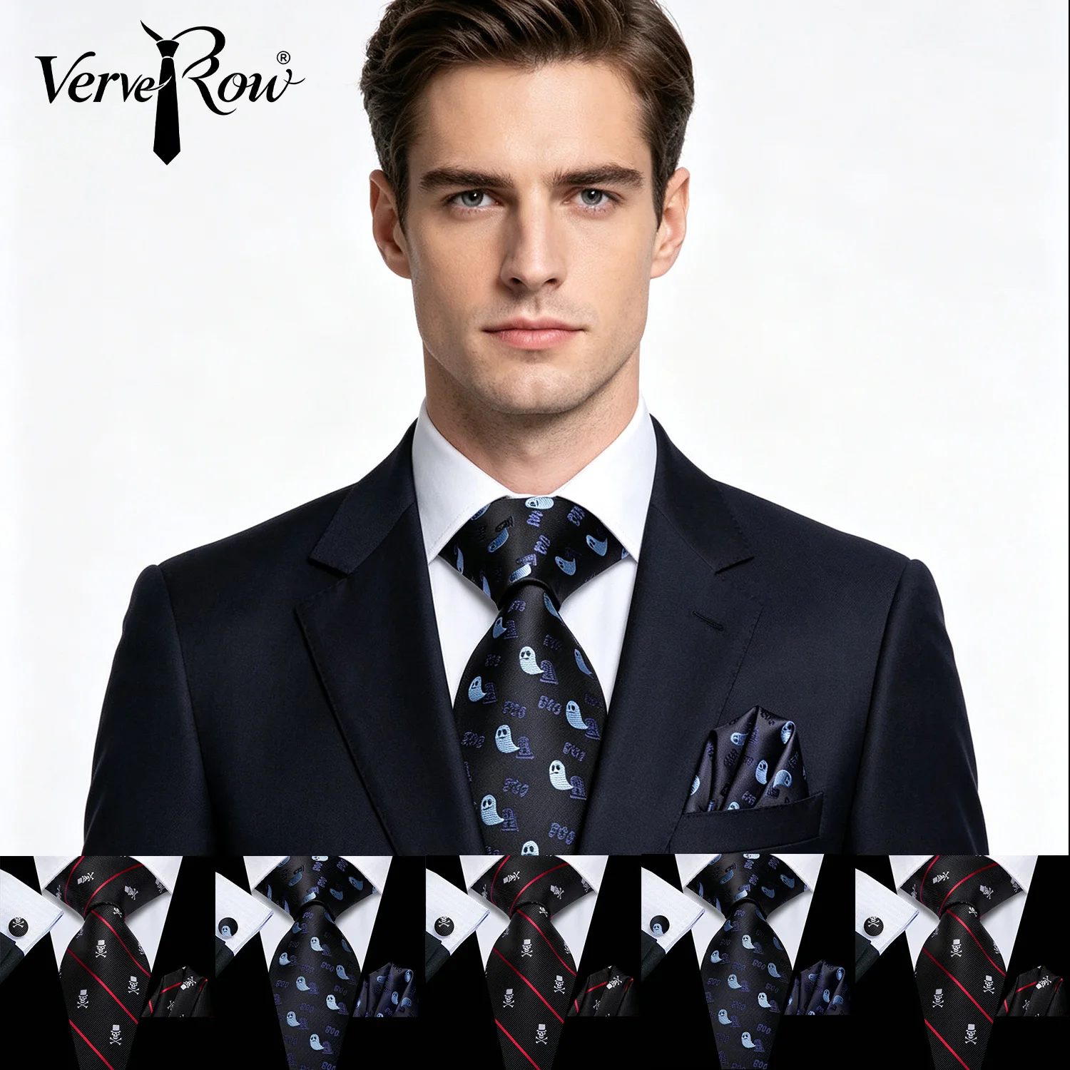 VERVEROW Men Halloween Ghost Series Tie Pocket Square Cufflinks Set Multi‑Pattern Holiday Cosplay Gentleman Kit