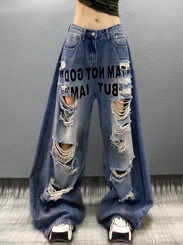 

Summer 2026 High Waist Wide Leg Denim Jeans Women's Torn Floor-Length Pants Letter Print Casual Loose Fit Breathable