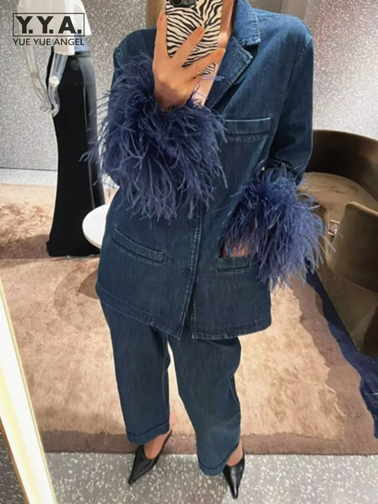 

Female Autumn Winter Sets Retro Denim Pocket Single Breasted Feather Jacket Two Piece Set Straight-Leg Ankle Length Pant Outfits