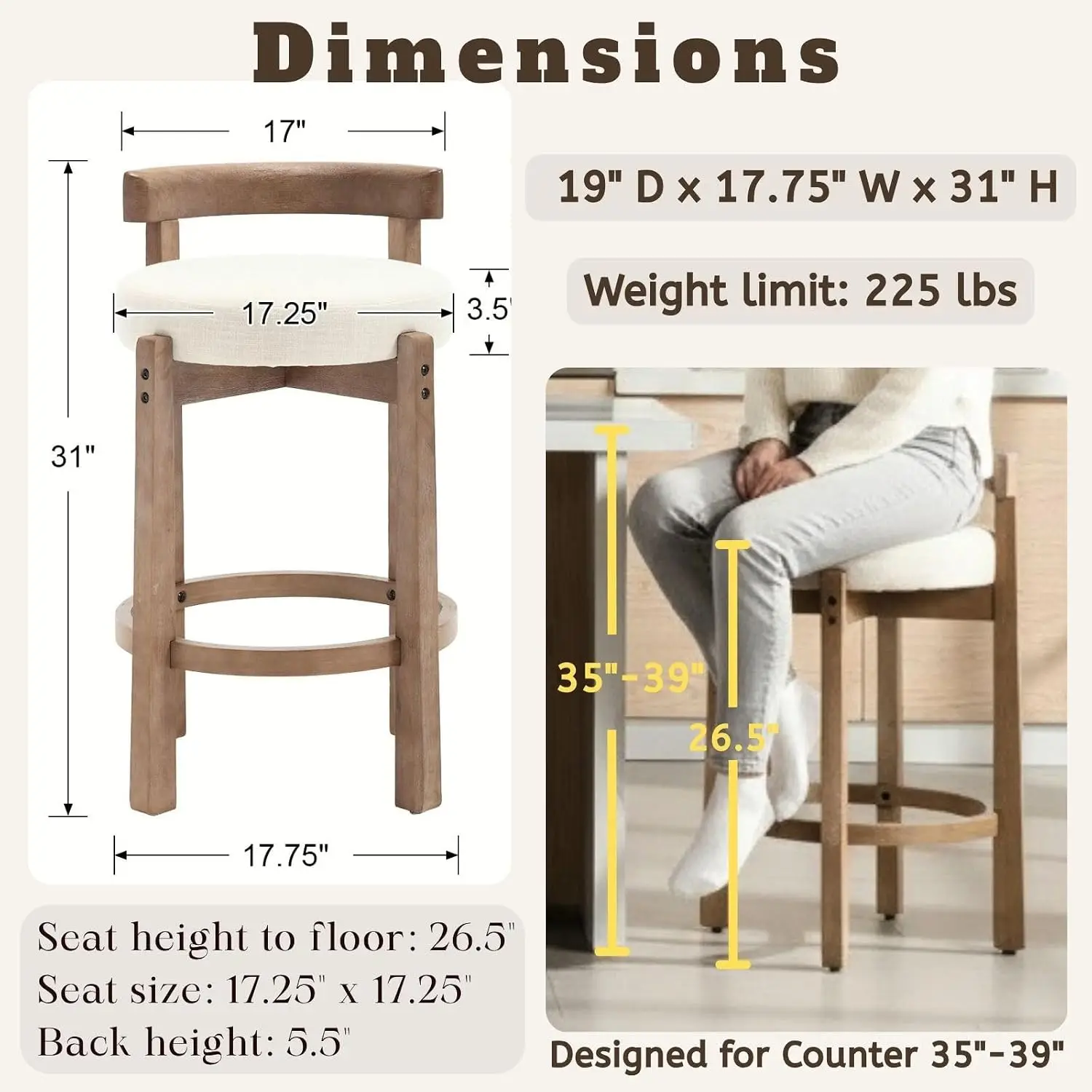 Mid Century Linen Counter Stools Set of 4, Upholstered 26.5” Seat Height Low Barstools with Natural Wood Legs Round, Customized