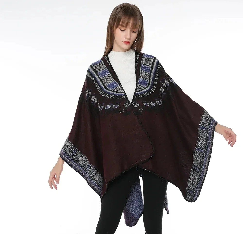 Spring Autumn Tourism Photography Cashmere Totem Print Shawl National Style Women Poncho Lady Capes Coffee Cloaks