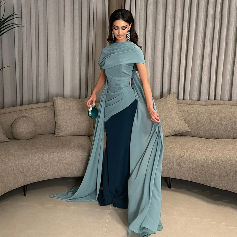 

Sumnus Elegant Mermaid Evening Dresses Pleats Maxi Contrast Color Formal Dresses With Cape فساتين سهرة Customized