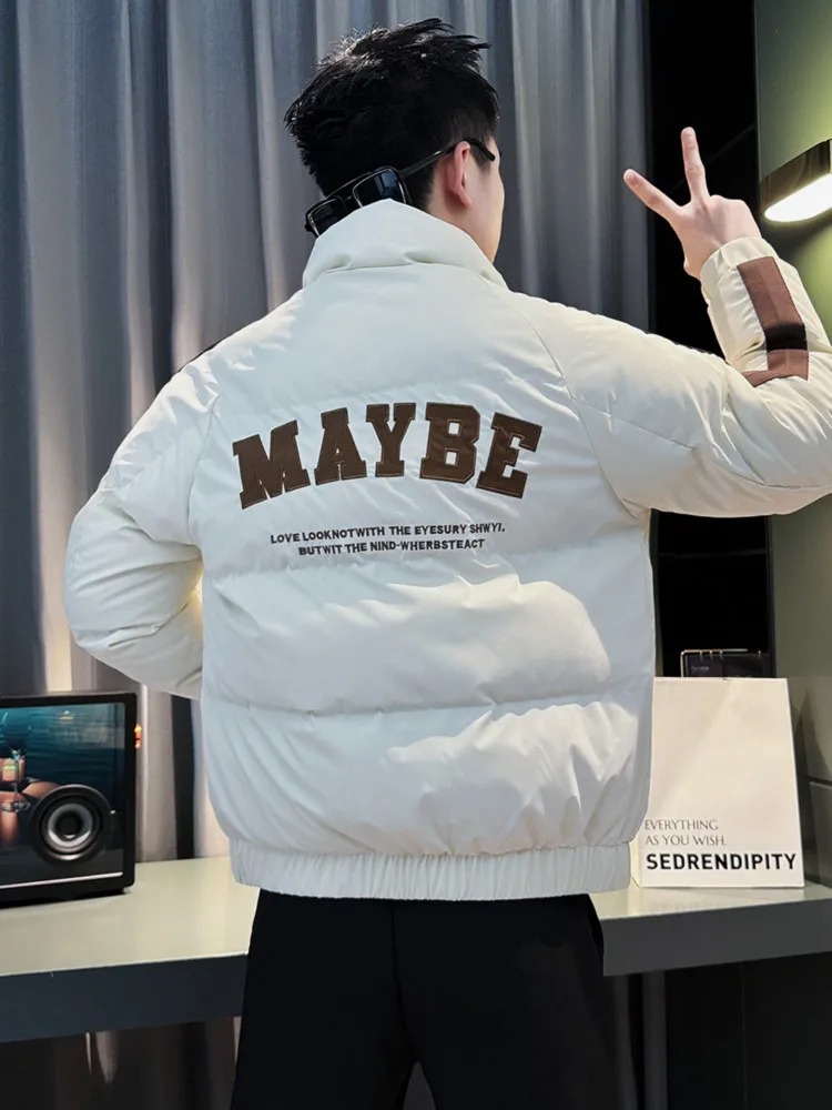 

Men's Quilted Cotton Jaet Thiened down Lettering Stand Collar Winter Warm Outerwear Casual Loose Fit Long Sve Coat