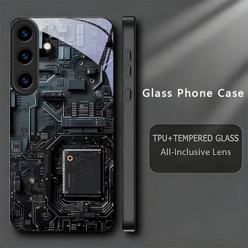 Circuit Board Art Black Phone Case For Samsung Galaxy S26 Ultra S25 Edge S24 FE S23 Plus S22 S21 S20 S22+ S25 S24FE Glass Cover