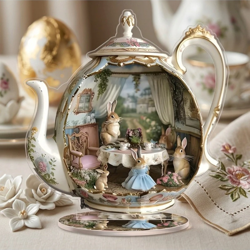 Acrylic Desktop Teapot Scene 2D Graphic Design, White Floral Table Arrangement, No Battery Required, Perfect Home Decor Easter