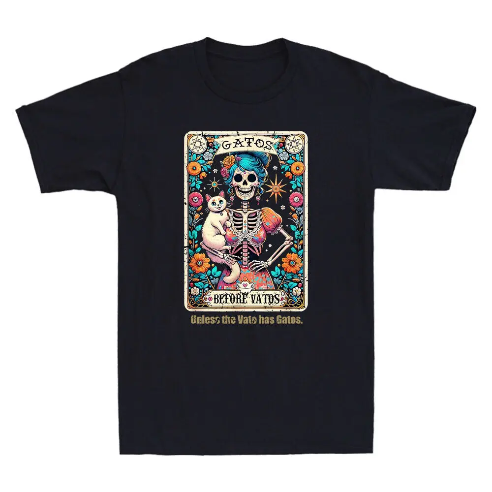 Gatos Before Vatos Unless The Vato Has  Funny Skull With Cat Retro T-Shirt