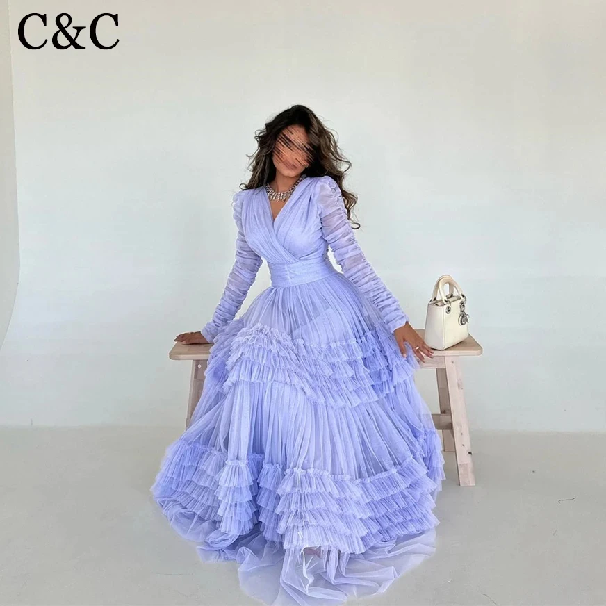 Indigo Tulle Prom Dresses V Neck Long Sleeves Floor-Length A Line Women Formal Party Elegant Gown 2024 vestidos de gala